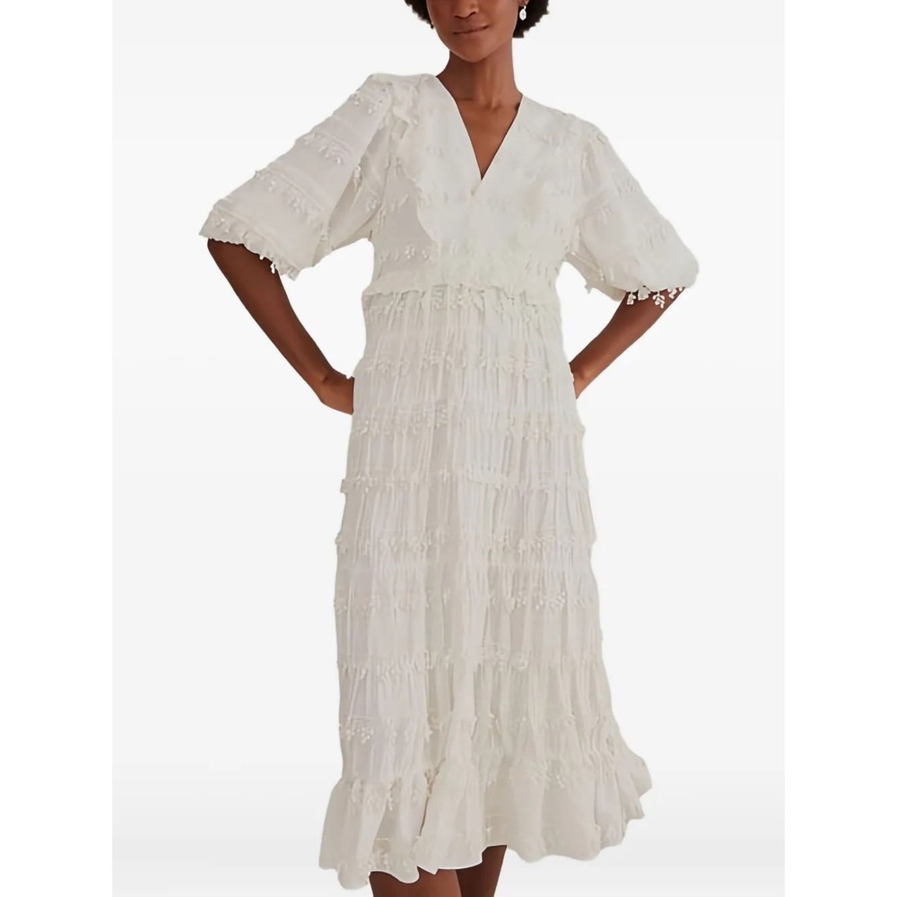 Farm Rio Ruffles Trim Off-White Midi Dress Puff Sleeve Tiered Pom-Pom Size M NEW